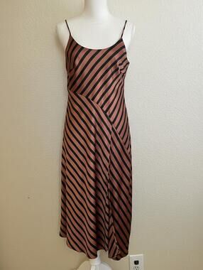 Chic Brown and Black Striped satin Midi Slip Dress